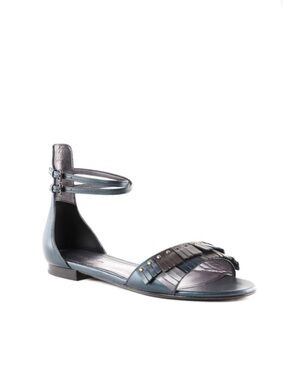 Bottega Veneta Metallic Blue Ankle-Strap Fringe Sandal with Studs, Sz 38